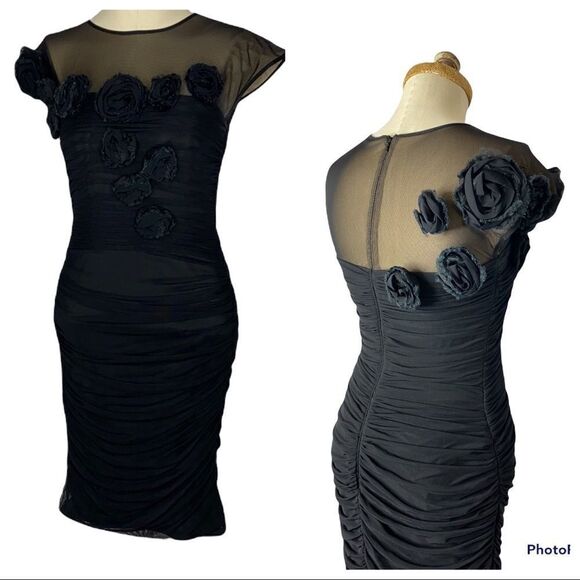 Tadashi Shoji Cocktail Illusion 3D Rose‎ Sleeveless Rushed Mesh Overlay Dress S - Picture 1 of 14